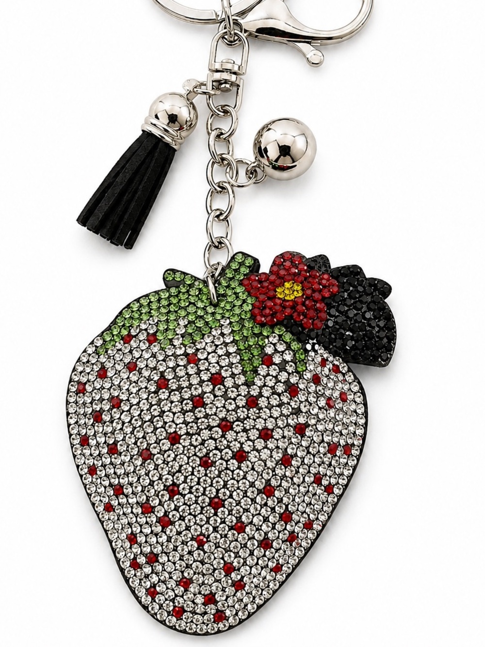 Silver Strawberry Bag Charm Keychain Crystal Purse Charm - Picture 3 of 4